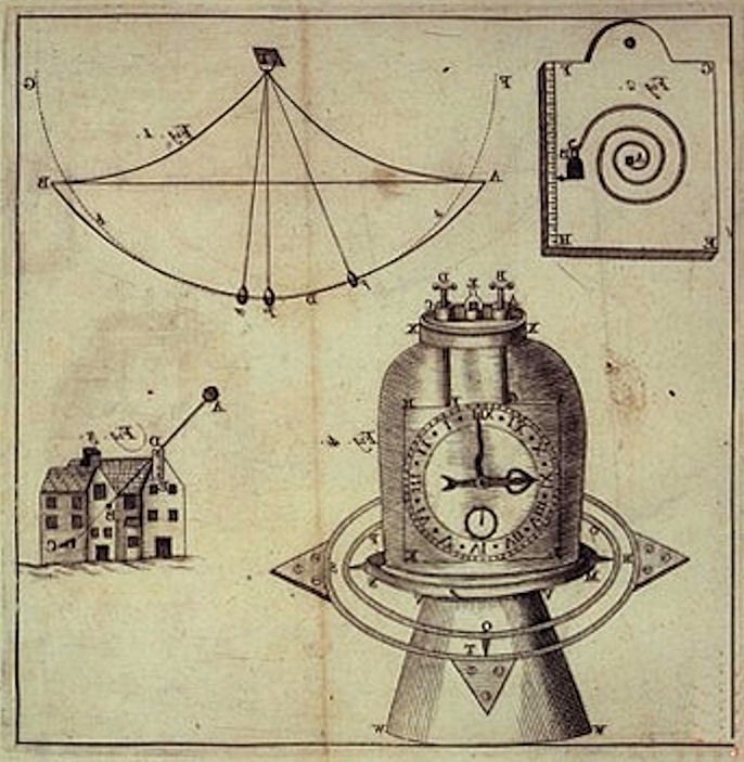 Old plate showing Jeremy Thacker’s marine chronometer and operating diagrams.