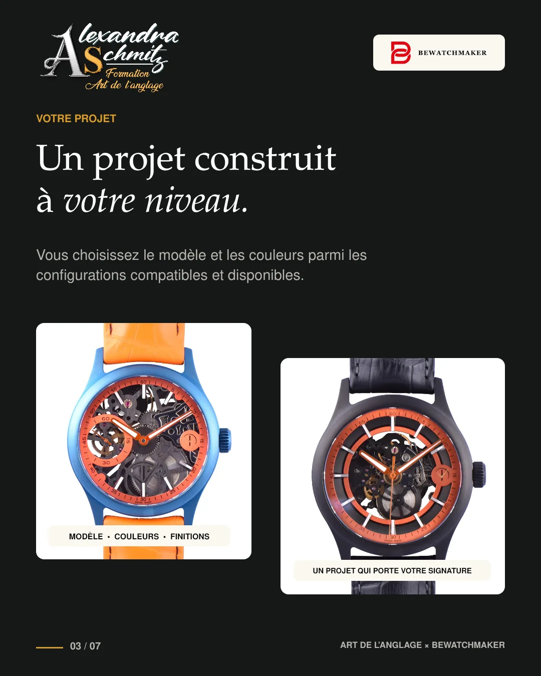 Two finished configurations of the BeWatchmaker Ovide watch