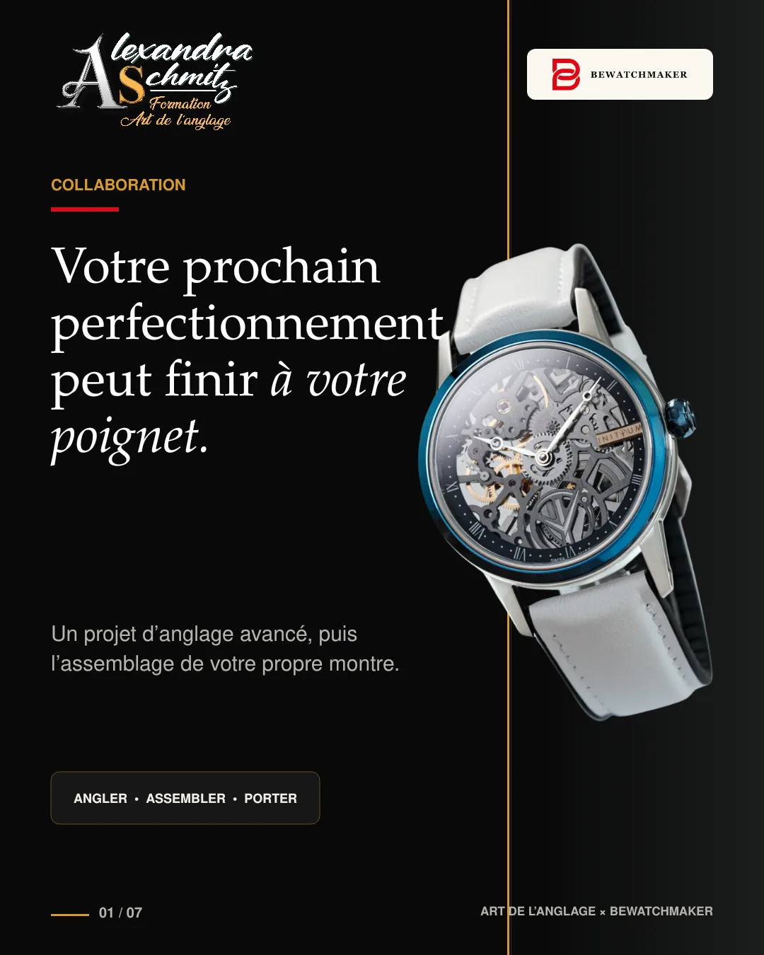 Collaboration presentation showing the assembled BeWatchmaker Ovide watch